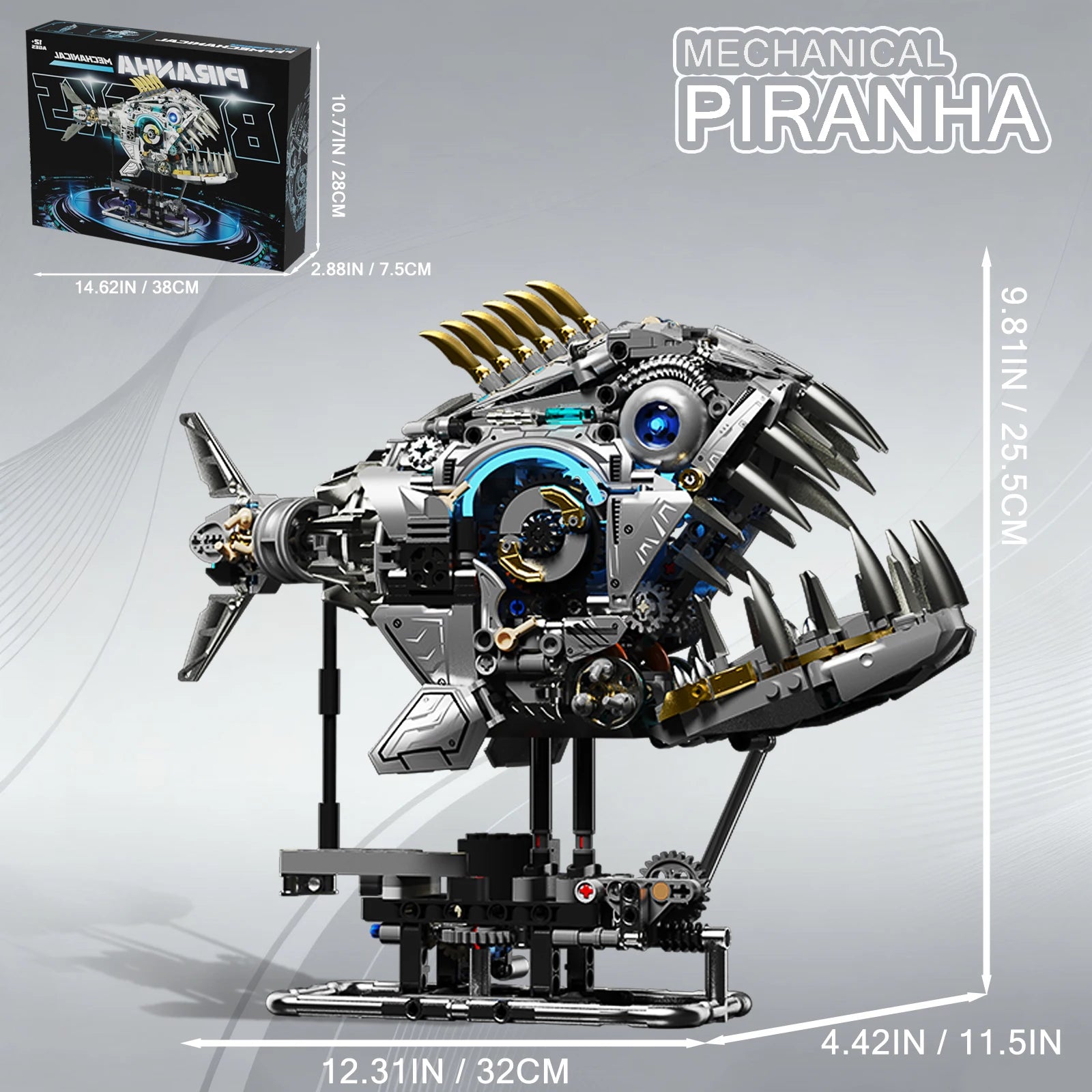 Mechanical Piranha Building Set with Light – 1,085 Pieces & Movable Joints
