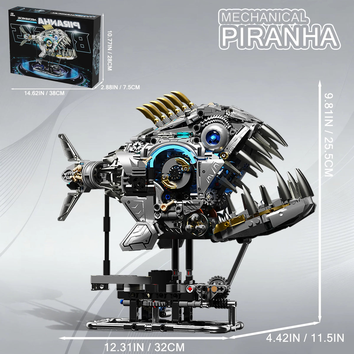 Mechanical Piranha Building Set with Light – 1,085 Pieces & Movable Joints