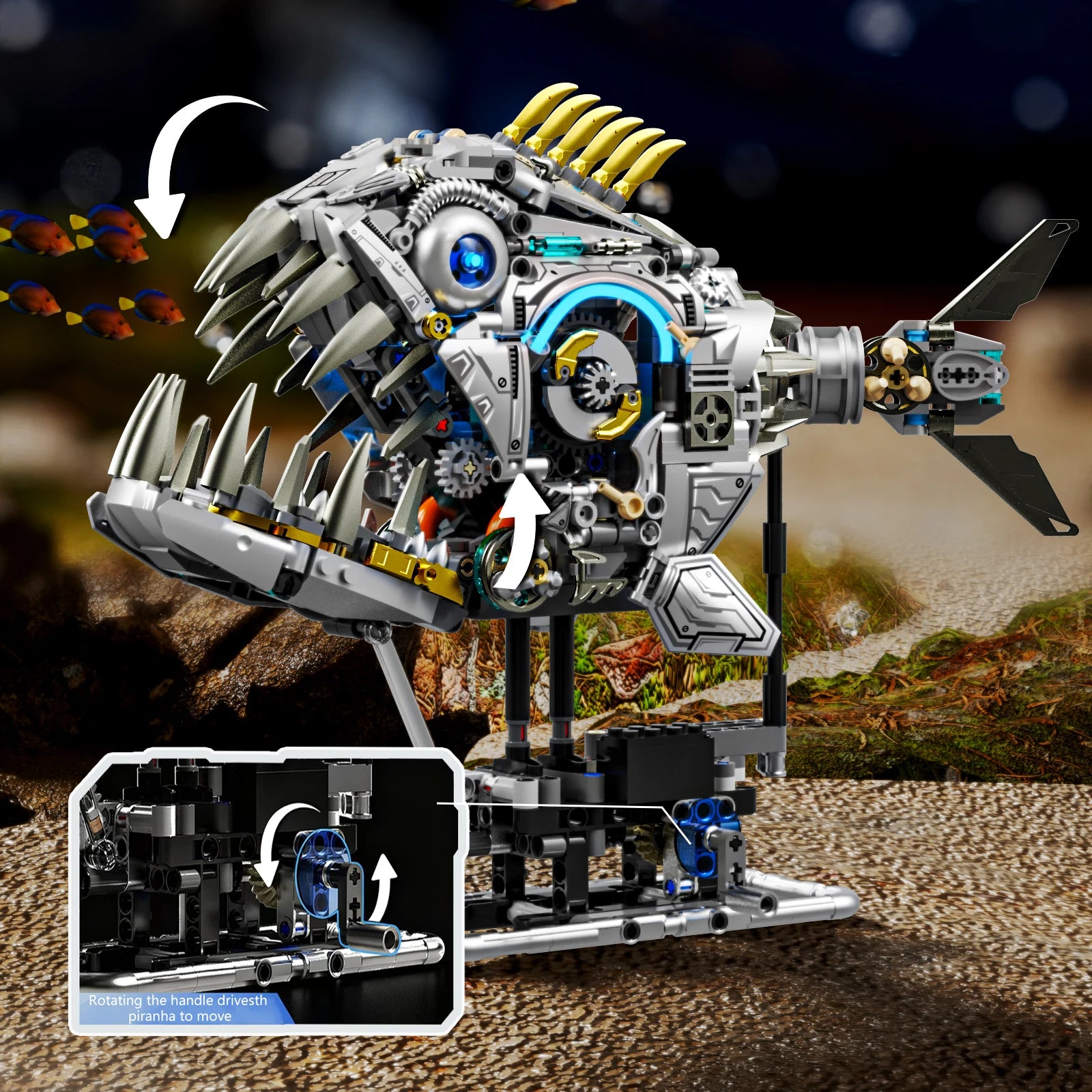 Mechanical Piranha Building Set with Light – 1,085 Pieces & Movable Joints